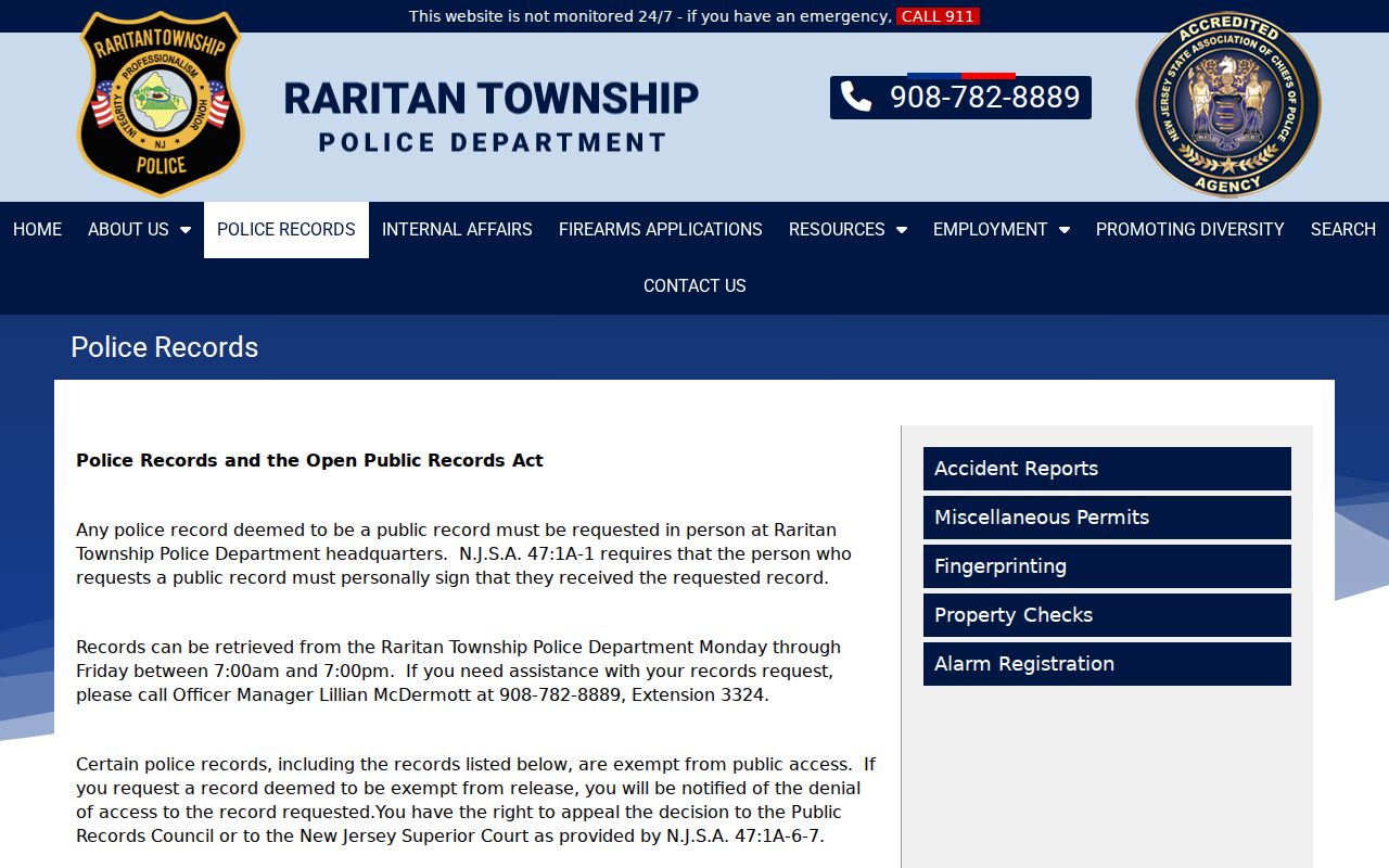Raritan Township criminal history requests at the police records counter